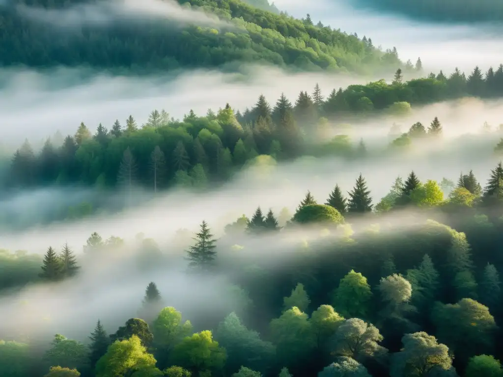 Vista aérea serena de un bosque cubierto por la niebla, con luz solar filtrándose entre los árboles