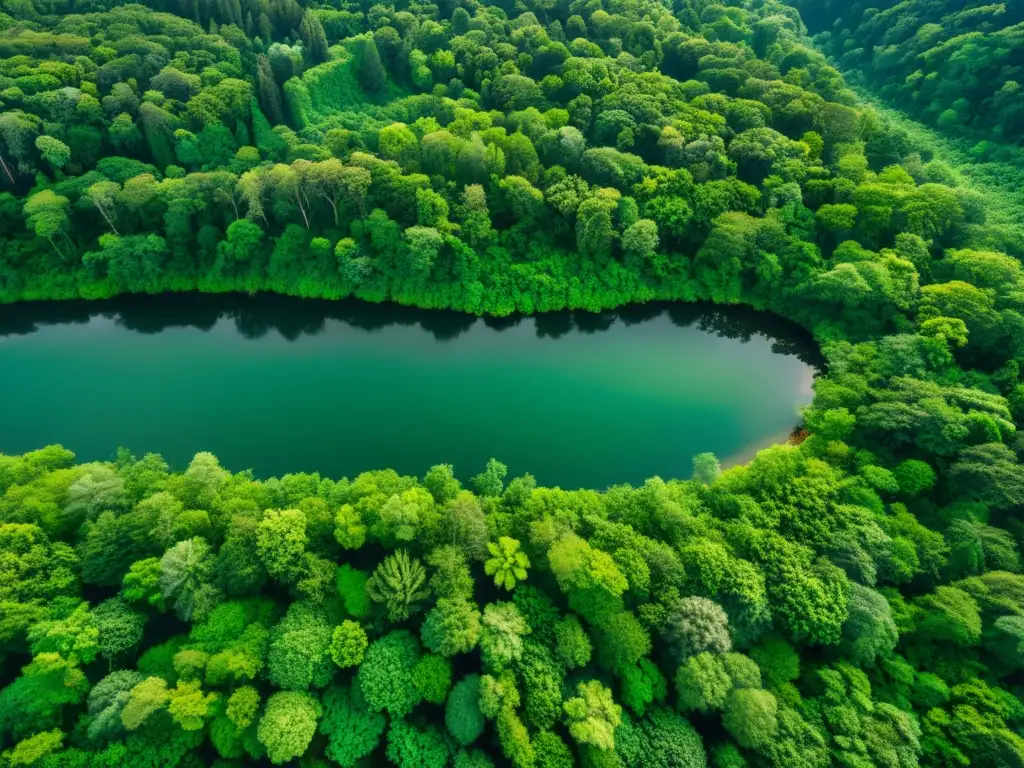 Vista aérea serena de un exuberante bosque con patrones de luz solar