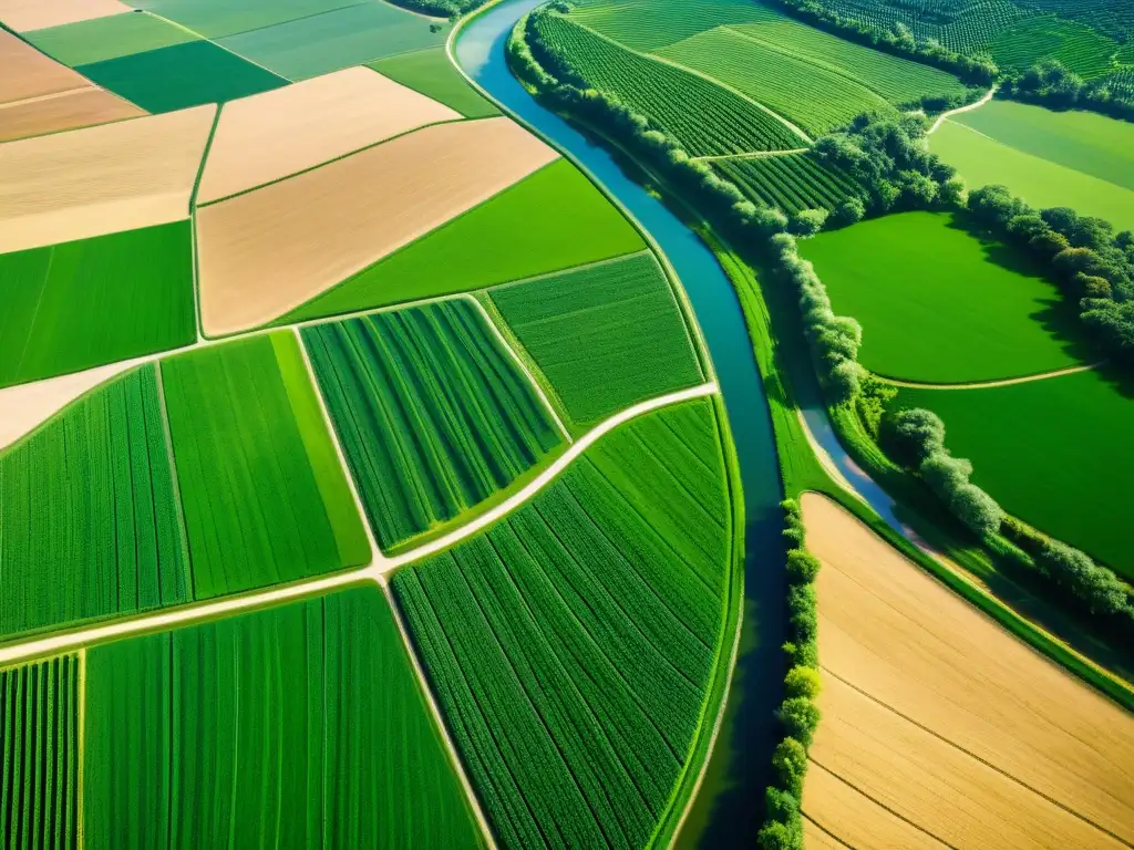 Vista aérea serena de paisaje agrícola verde con ríos y canales de riego, demostrando la optimización de recursos hídricos con Big Data