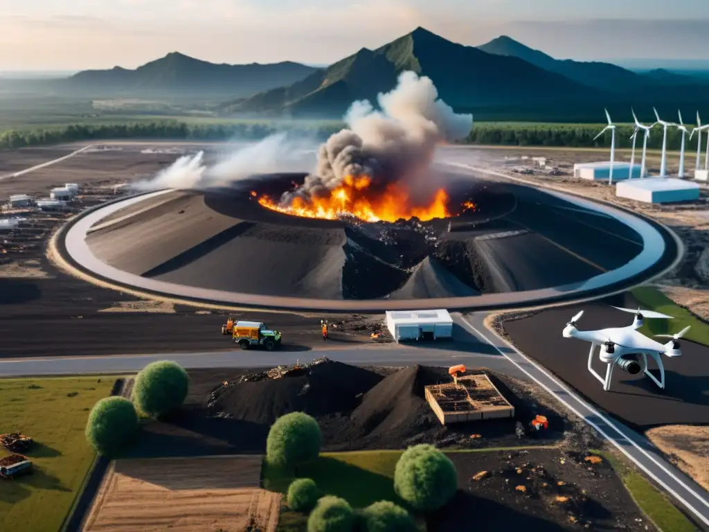 Vista aérea de zona de desastre con dron y torres 5G