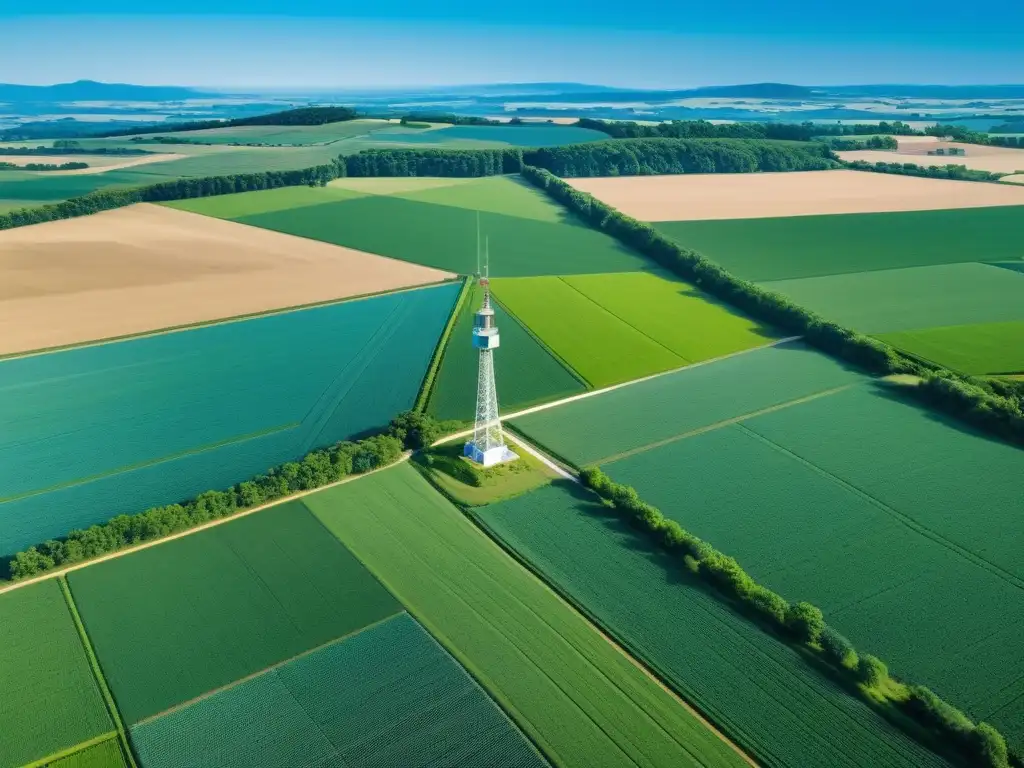 Vista amplia de zona agrícola remota con torre 5G al fondo, simbolizando la implementación de 5G en áreas agrícolas remotas