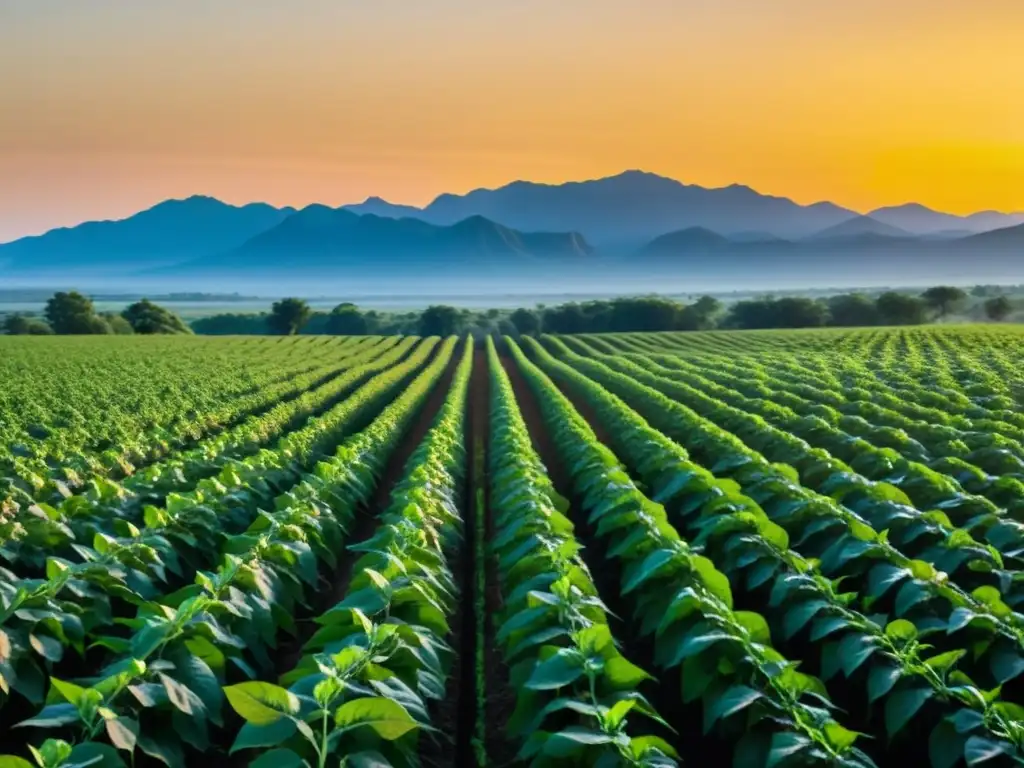 Vista de un campo de plantas de soja verde vibrante con el sol poniéndose detrás de una cordillera distante