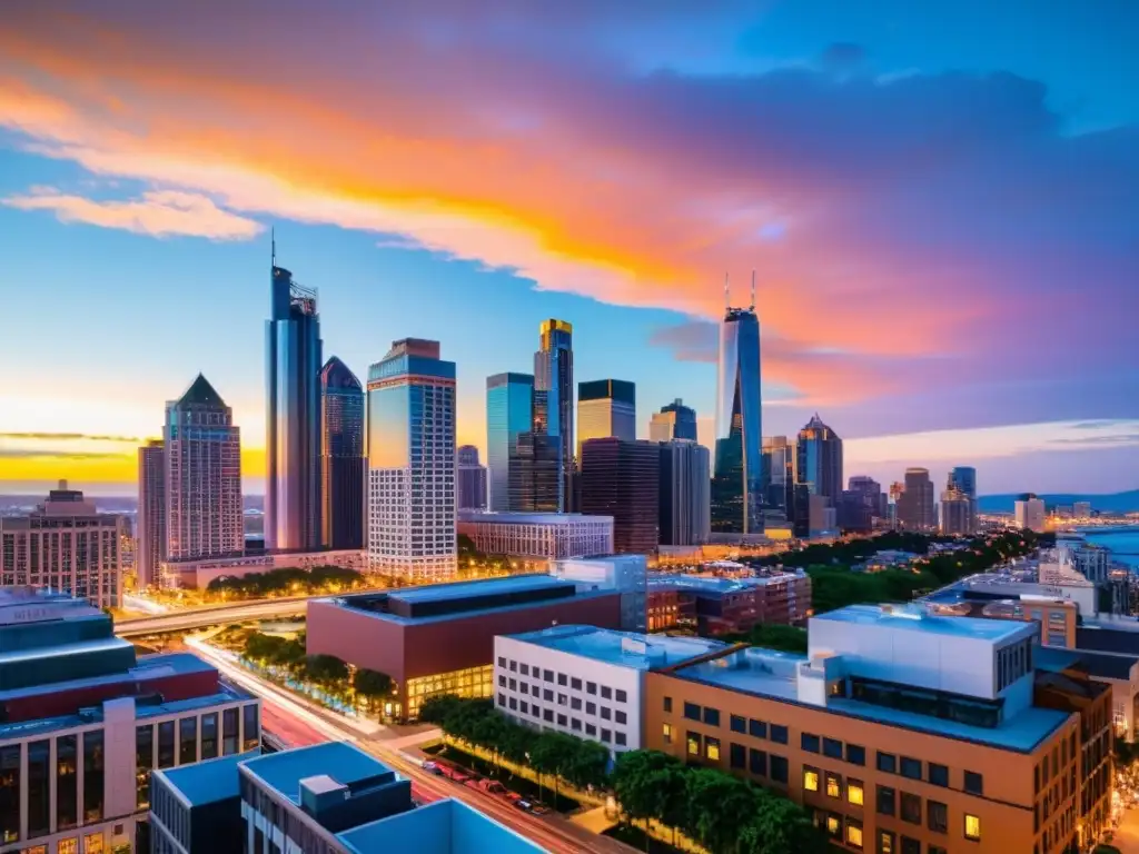 Vista de la ciudad al atardecer con modernos rascacielos y un vibrante atardecer multicolor