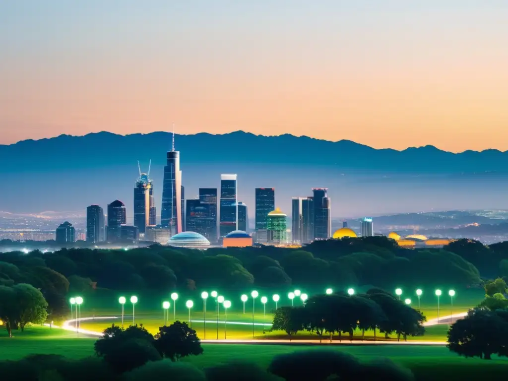 Vista de la ciudad al atardecer con torres 5G integradas en el paisaje urbano, mostrando el impacto sostenible de la tecnología 5G