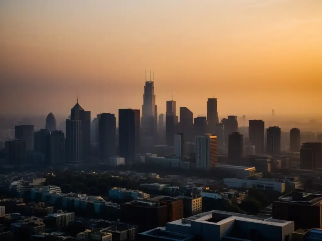 Vista de la ciudad envuelta en smog, con luz anaranjada filtrándose entre edificios