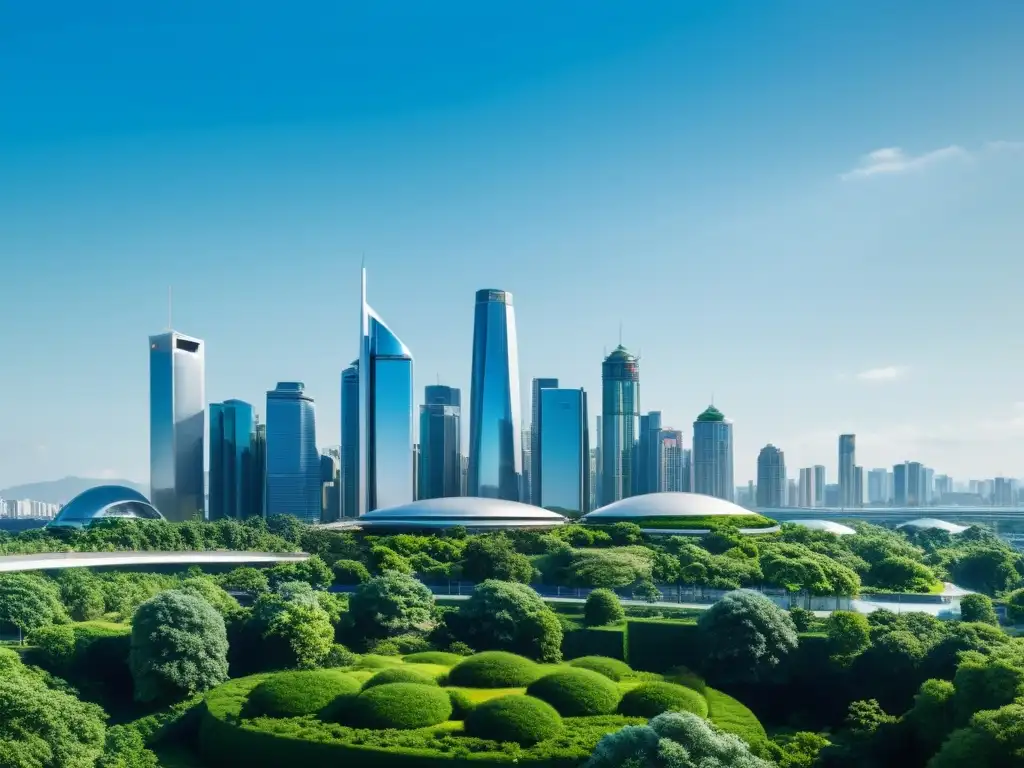 Vista de ciudad futurista con arquitectura sostenible y naturaleza, reflejando armonía y ecoconciencia