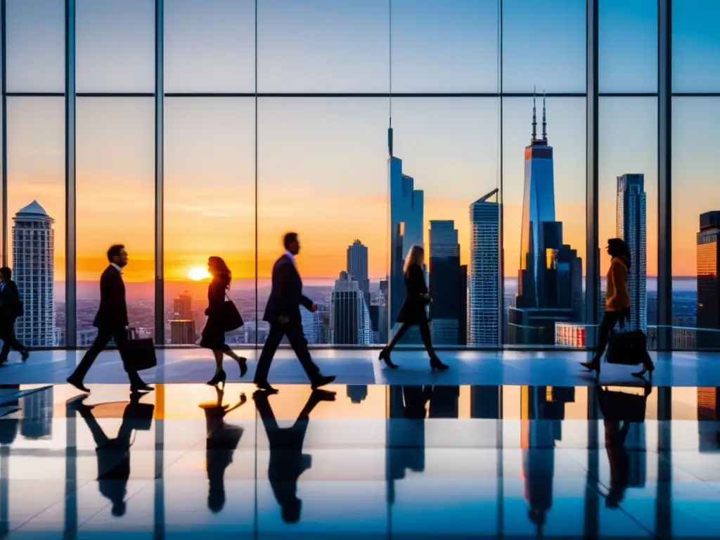 Vista de la ciudad moderna con rascacielos al atardecer, reflejos en ventanas de cristal y personas caminando