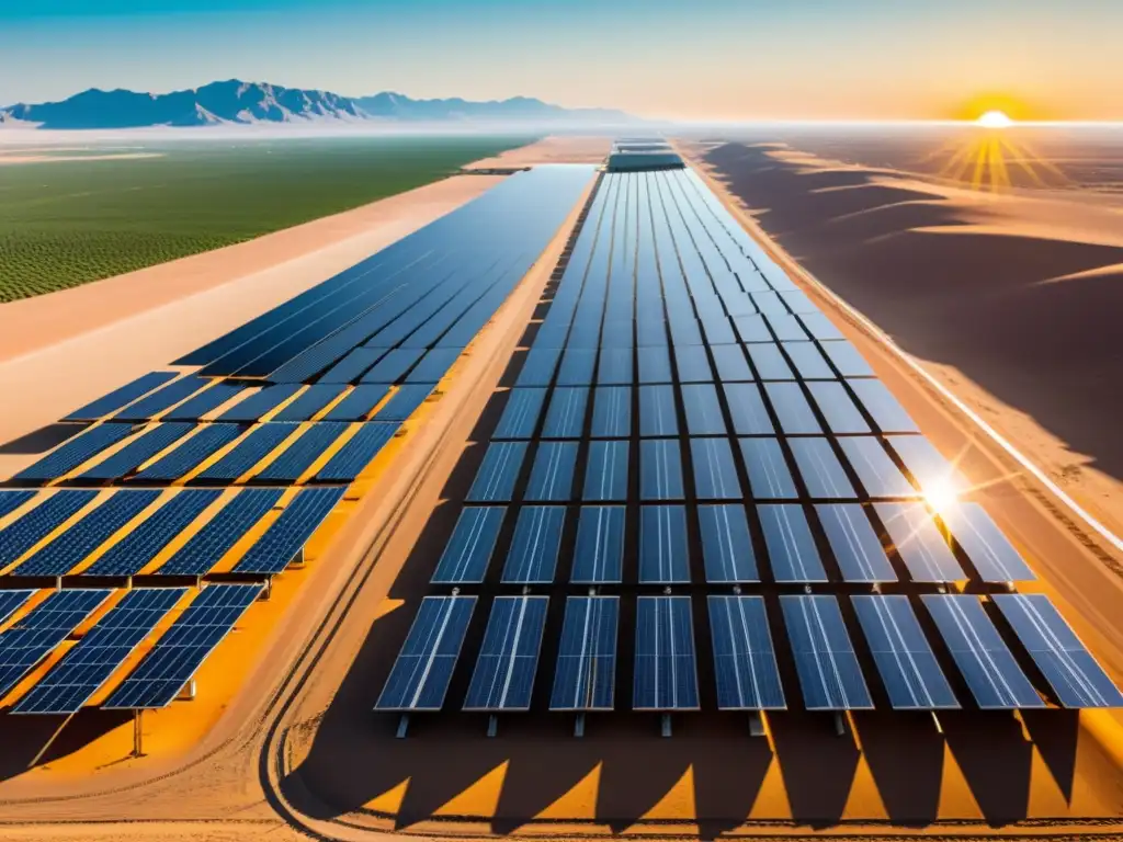 Vista del desierto con paneles solares futuristas, reflejando innovación y la integración de Big Data en la transformación de energía renovable