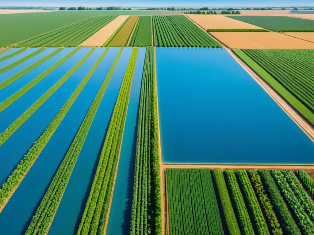 Vista detallada de campo agrícola moderno con cultivos en hileras bajo cielo azul