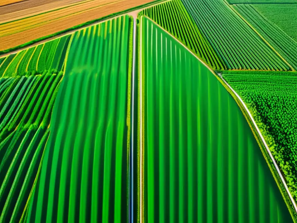 Vista detallada de campo verde con cultivos y sensores futuristas