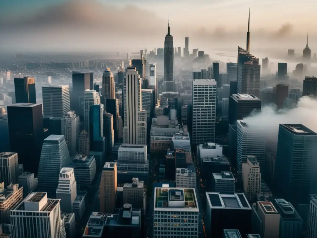 Vista detallada de una ciudad envuelta en smog, con edificios apenas visibles