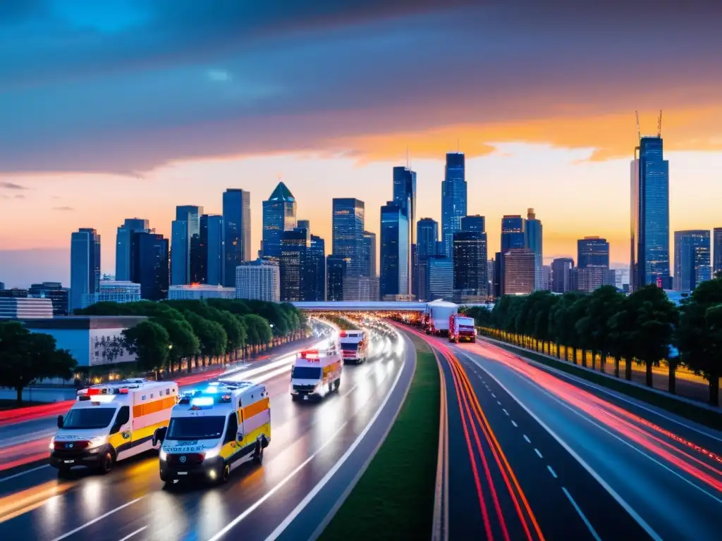 Vista detallada de la ciudad al anochecer con luces de emergencia y personal en movimiento, destacando el uso de Big Data para análisis de crisis