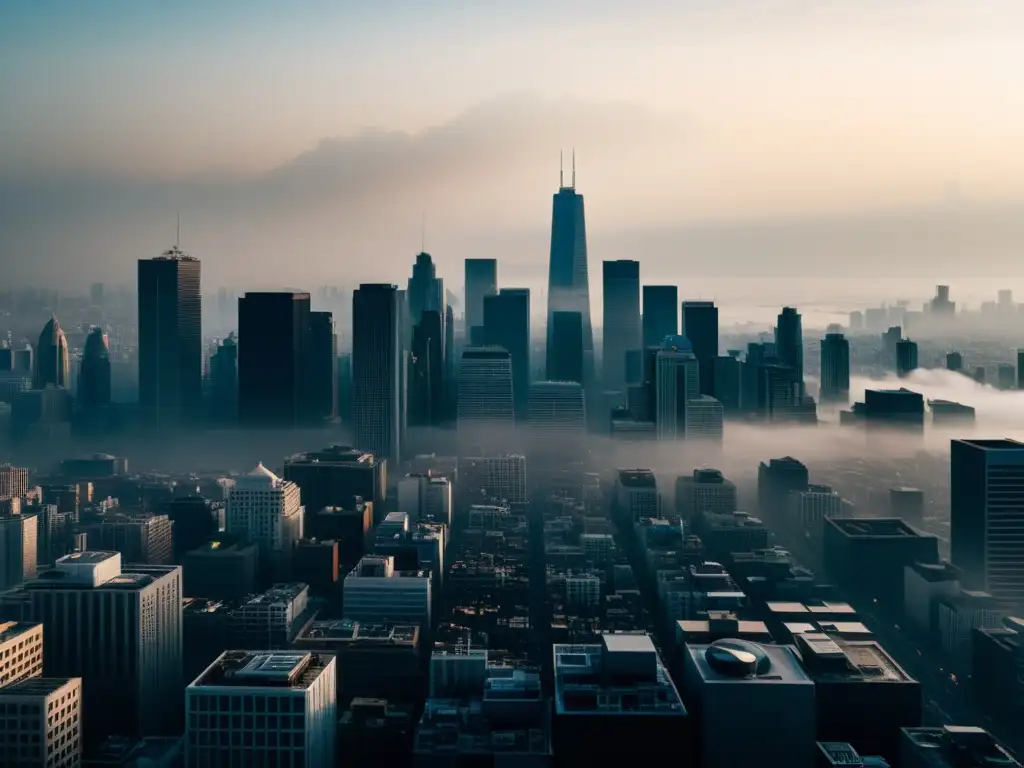 Vista detallada en 8k de una ciudad con smog intenso, resaltando la urgencia del análisis de Big Data en contaminación ambiental