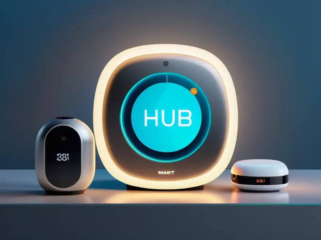 Vista detallada de un hub domótico futurista y minimalista, rodeado de dispositivos IoT y interfaces de marketing digital