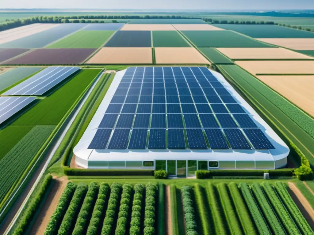 Vista detallada de un invernadero agrícola futurista con tecnología avanzada, rodeado de campos verdes y energía renovable