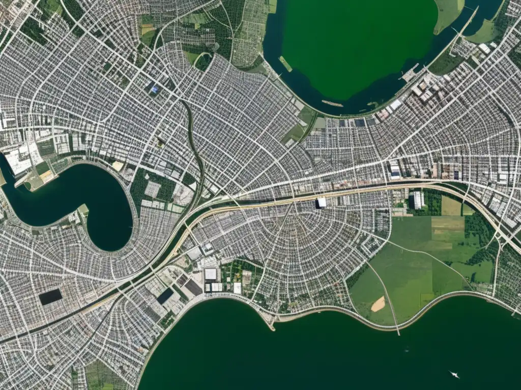 Vista detallada desde satélite de patrones espaciales en big data en una metrópolis, con redes viales, edificios y áreas verdes