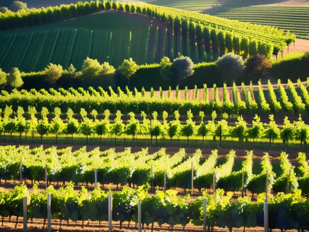 Vista detallada de un viñedo moderno con innovaciones tecnológicas en viticultura, donde la luz del sol crea una atmósfera serena y acogedora