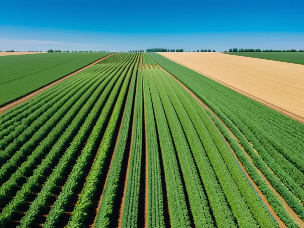 Vista futurista de un campo agrícola moderno con IA en agricultura sostenible, máquinas avanzadas y cultivos verdes bajo cielo azul