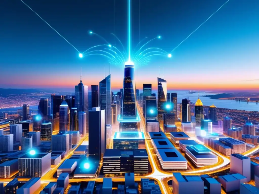 Vista futurista de una ciudad con antenas 5G integradas, simbolizando el impacto del 5G en el trabajo