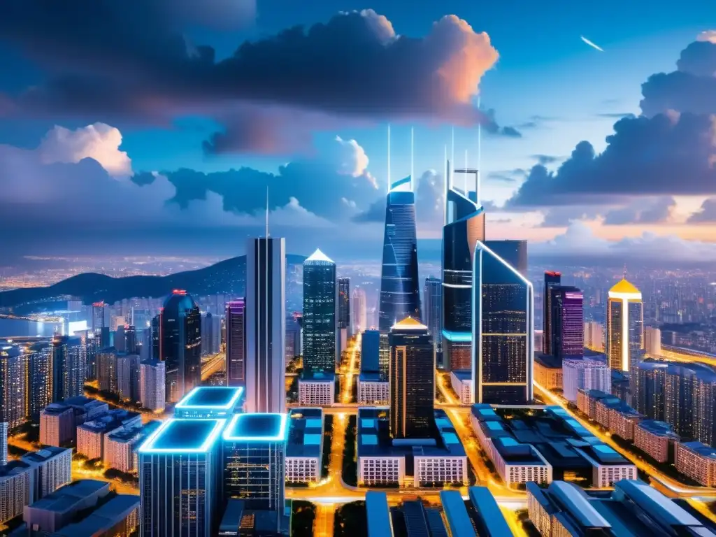 Metrópolis futurista: integración de tecnología y vida urbana Vista futurista de una ciudad con aplicaciones innovadoras de Machine Learning y Big Data, integradas en su arquitectura moderna y luminosa