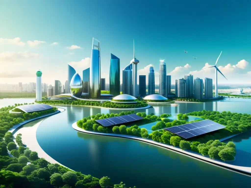 Vista futurista de la ciudad con arquitectura sostenible y tecnología avanzada, rodeada de naturaleza