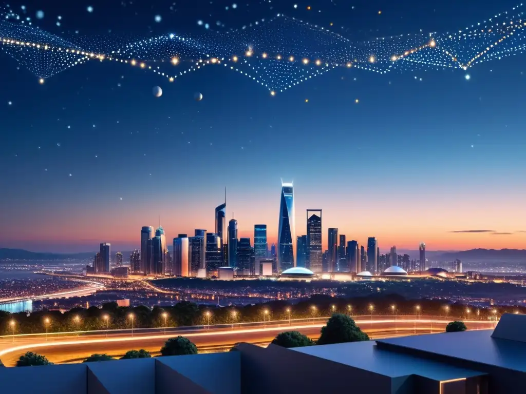 Vista futurista de la ciudad al atardecer con torres 5G integradas entre edificios y satélites en el cielo nocturno, mostrando la coexistencia del 5G y tecnologías satelitales