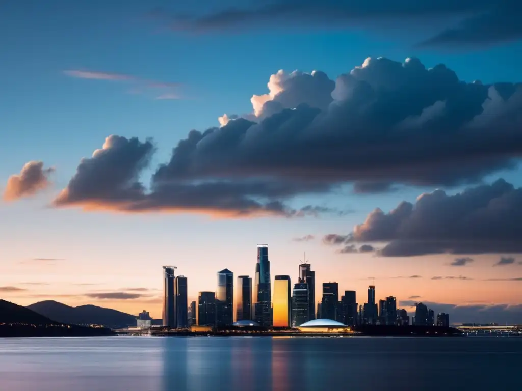 Vista futurista de la ciudad al atardecer, con arquitectura moderna iluminada suavemente