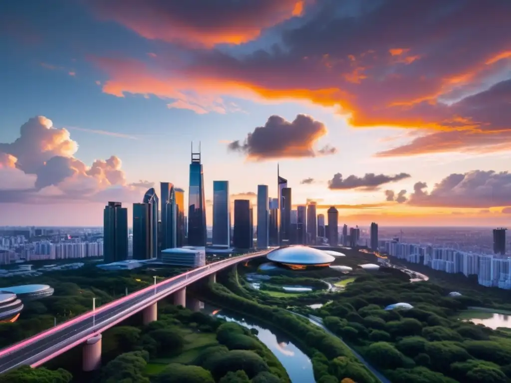 Vista futurista de una ciudad al atardecer, con rascacielos reflectantes y paisaje verde