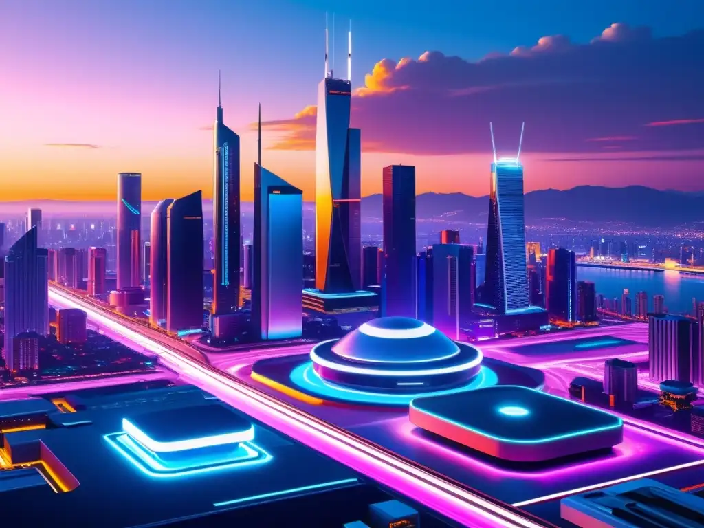 Vista futurista de una ciudad al atardecer, con rascacielos iluminados por luces de neón, reflejando tendencias análisis datos tecnologías emergentes