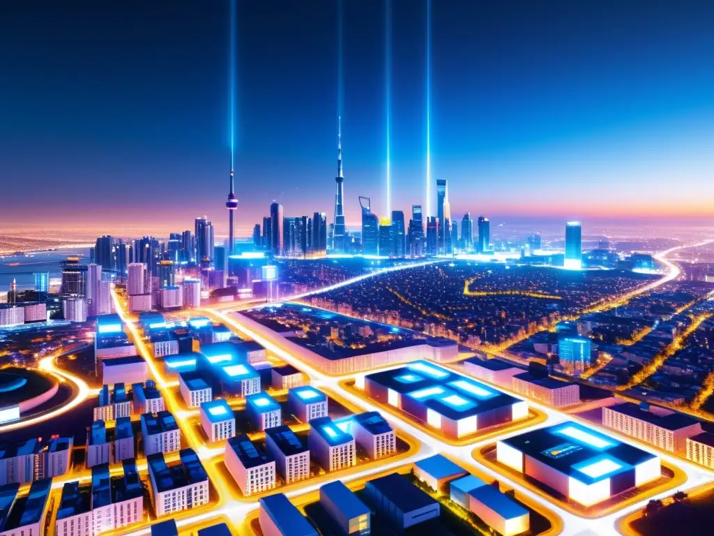 Vista futurista de la ciudad con smart grids y blockchain en energía, iluminada con luces LED eficientes