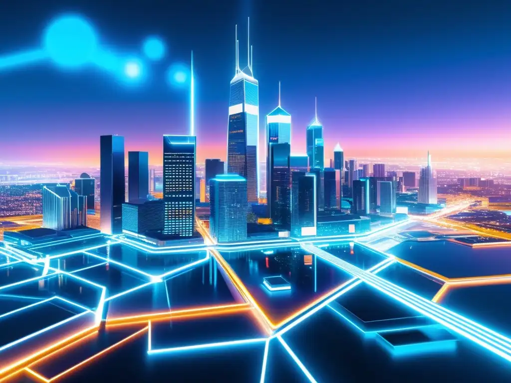 Metrópolis digital futurista con tecnología blockchain en 8k Vista futurista de una ciudad digital con desafíos de propiedad intelectual blockchain en un entorno vibrante y minimalista de 8k