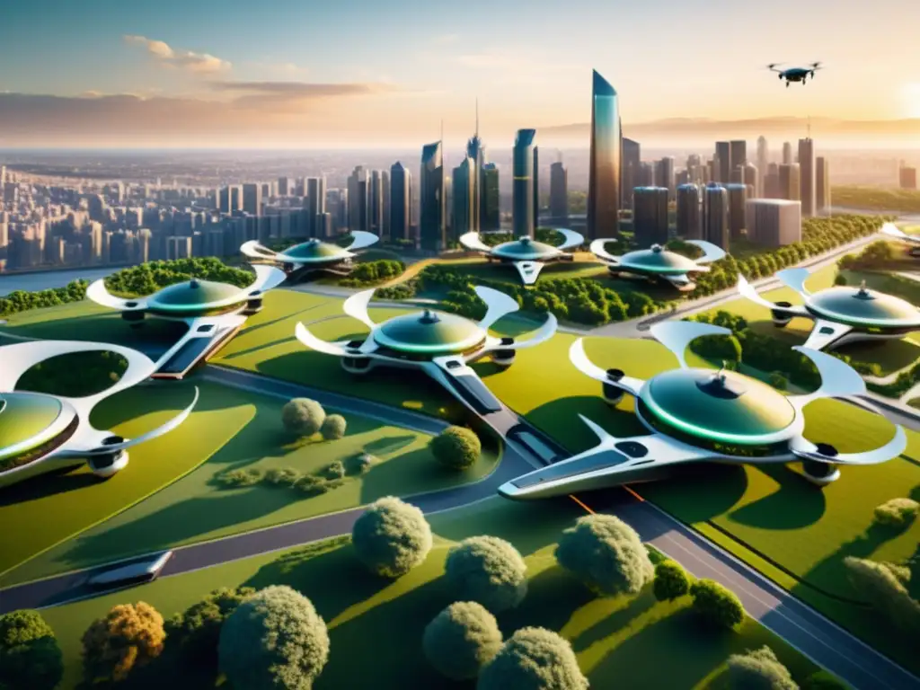 Vista futurista de una ciudad con IA, drones y vehículos autónomos