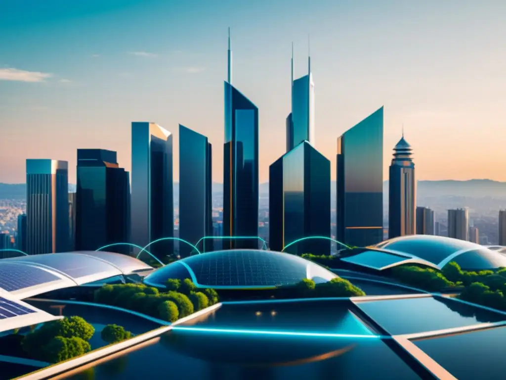 Vista futurista de una ciudad con edificios interconectados y fuentes de energía distribuidas, con elementos blockchain integrados