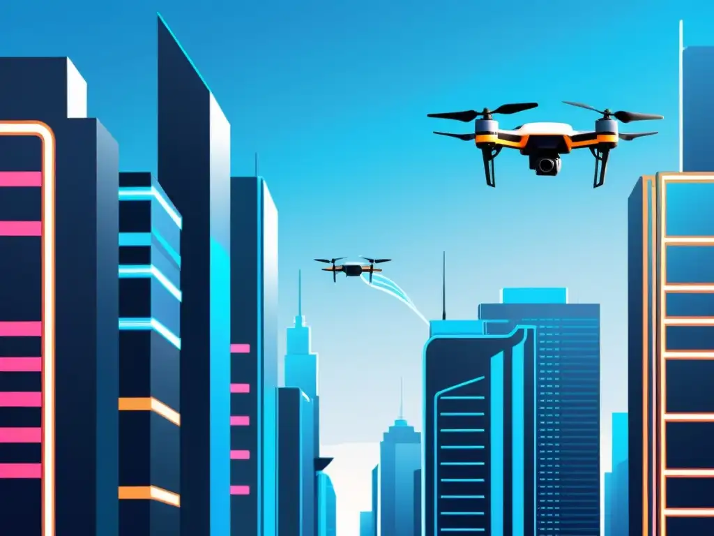 Vista futurista de una ciudad con edificios interconectados y drones AI