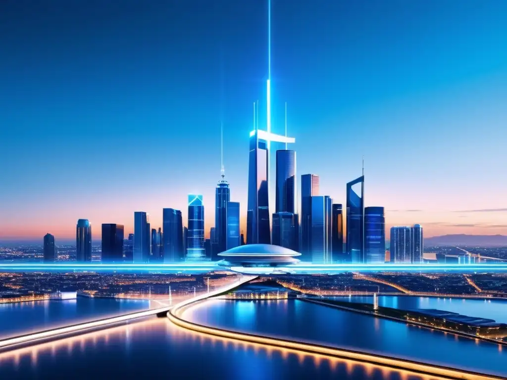 Vista futurista de la ciudad con edificios iluminados en azul, evocando la virtualización de red en 5G