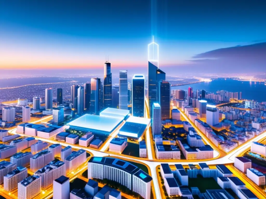 Vista futurista de una ciudad energéticamente eficiente con tecnología blockchain integrada, representando regulaciones de blockchain en energía