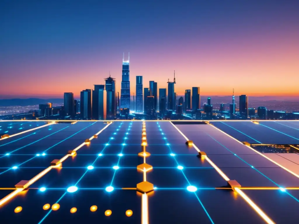 Vista futurista de una ciudad con energía blockchain en el sector energético