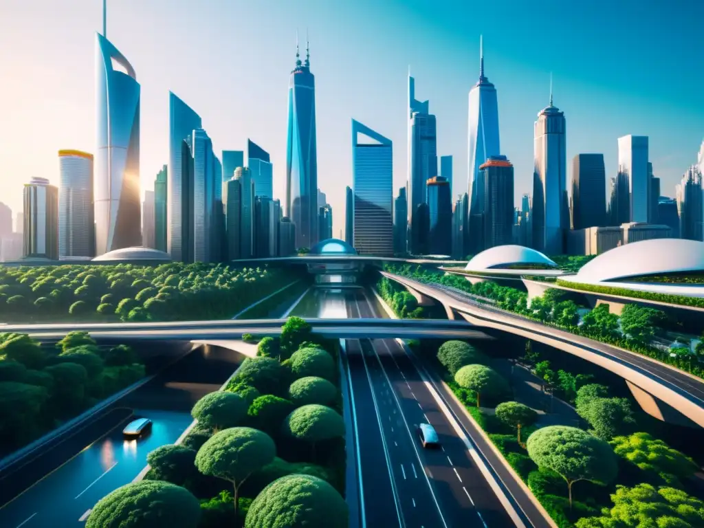 Vista futurista de la ciudad con impacto ambiental, algoritmos de inteligencia artificial y equilibrio entre tecnología y naturaleza