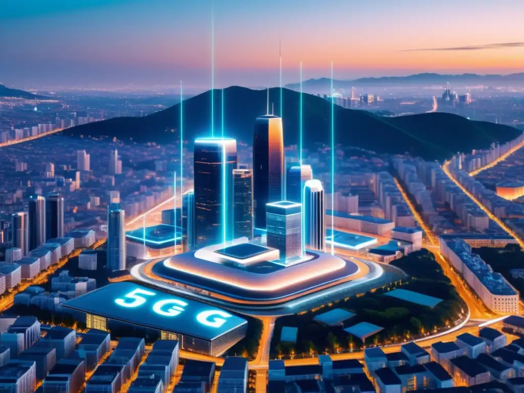 Vista futurista de la ciudad con integración sutil de la red 5G, destacando la legislación 5G para emprendedores tecnológicos