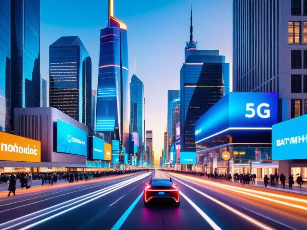 Vista futurista de ciudad inteligente con arquitectura moderna, 5G y vehículos autónomos