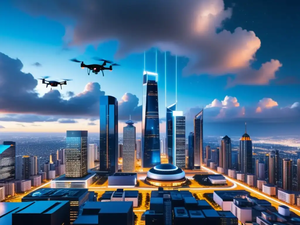 Metrópolis futurista con rascacielos interconectados y drones Vista futurista de una ciudad interconectada con aplicaciones de big data y IA, mostrando rascacielos iluminados y drones