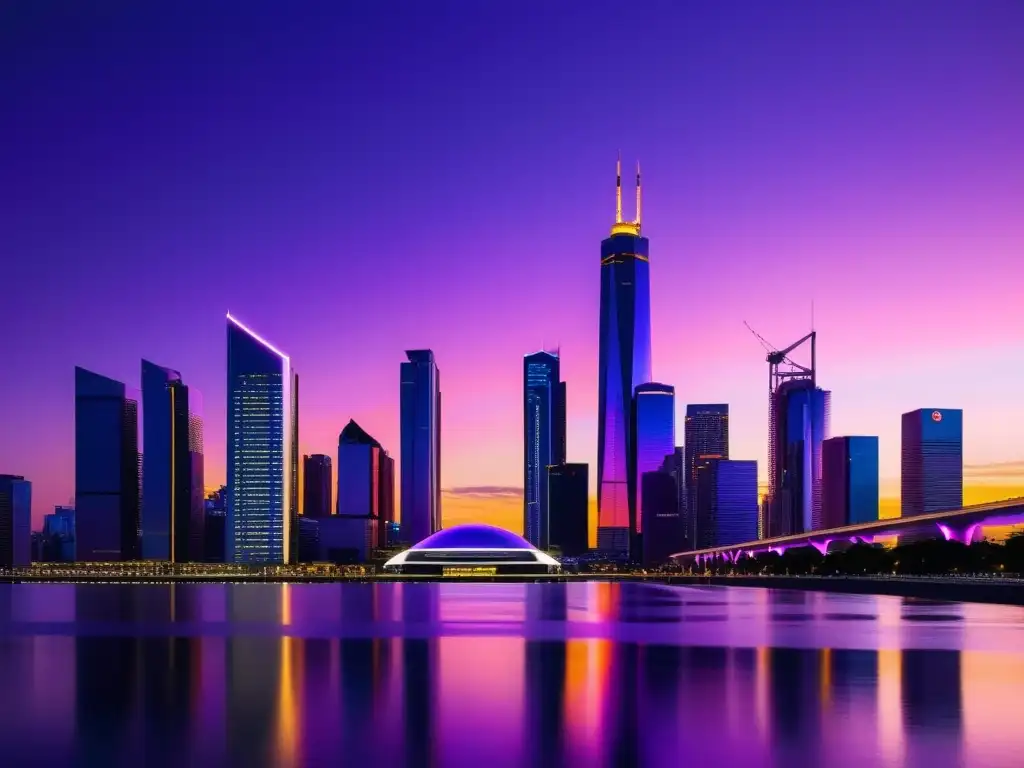 Vista futurista de una ciudad minimalista al anochecer, con rascacielos reflectantes en un cielo morado y dorado