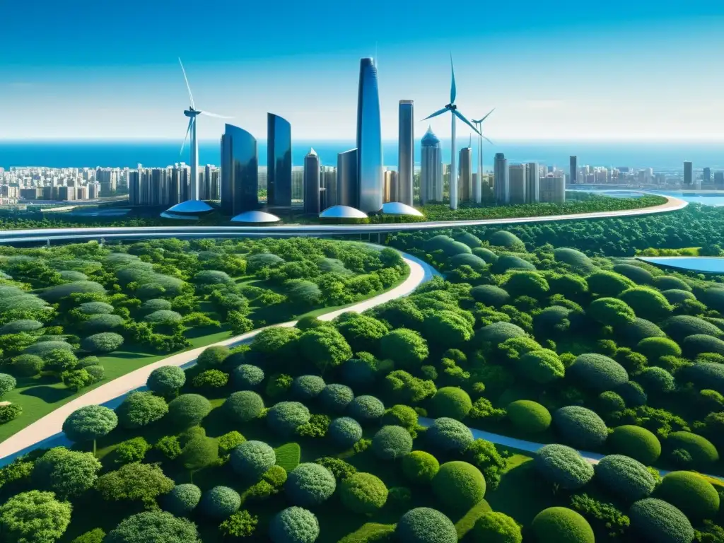 Vista futurista de una ciudad minimalista con arquitectura sostenible y naturaleza integrada, rodeada de energías renovables