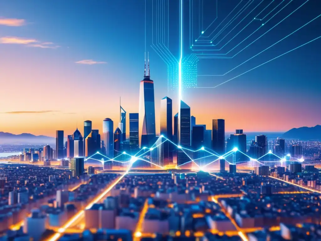 Vista futurista de una ciudad con nodos blockchain integrados, simbolizando el impacto de la tecnología blockchain en el sector inmobiliario