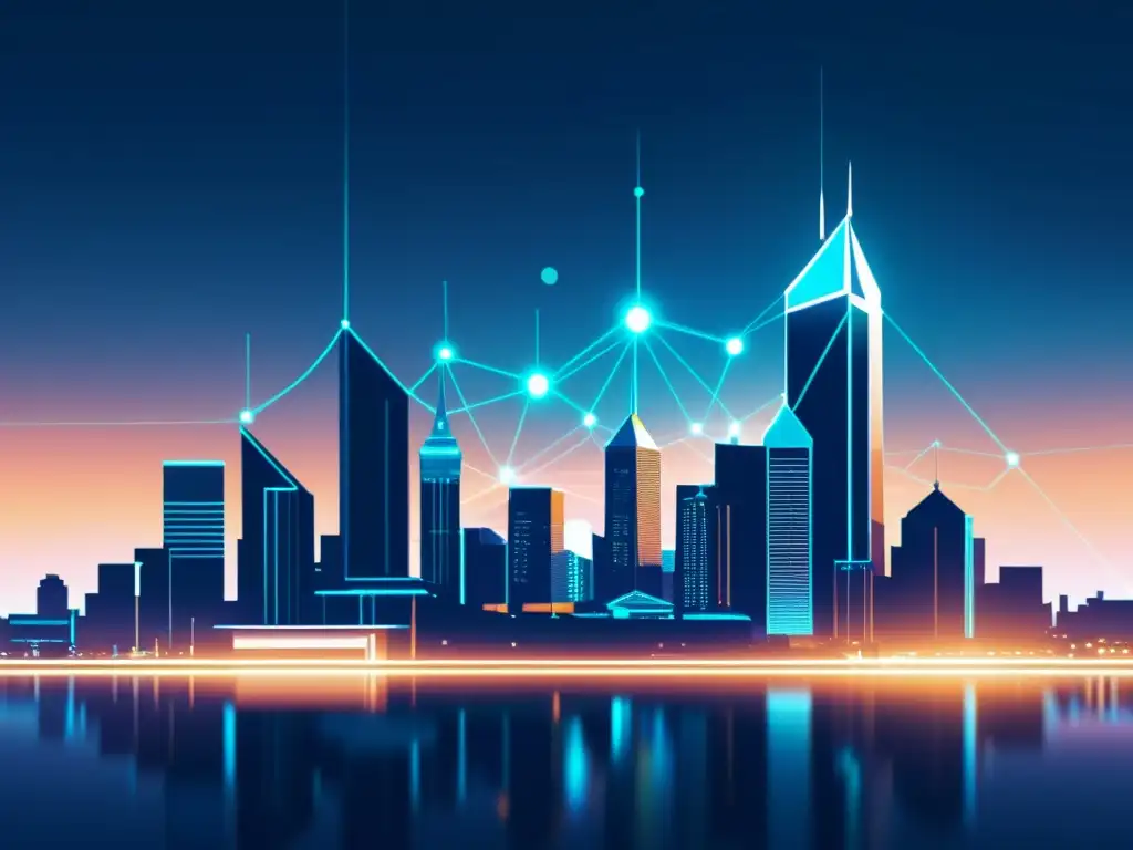 Vista futurista de una ciudad con nodos interconectados y la integración de la Plataforma Ethereum para Smart Contracts en su infraestructura