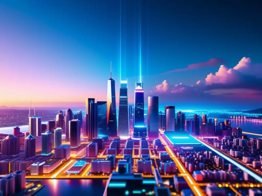 Vista futurista de la ciudad con rascacielos iluminados en colores vibrantes