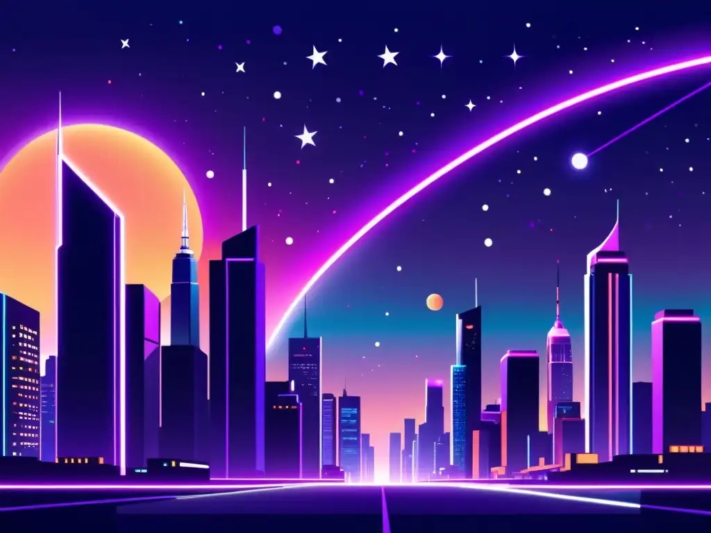 Vista futurista de una ciudad con rascacielos y luces de neón