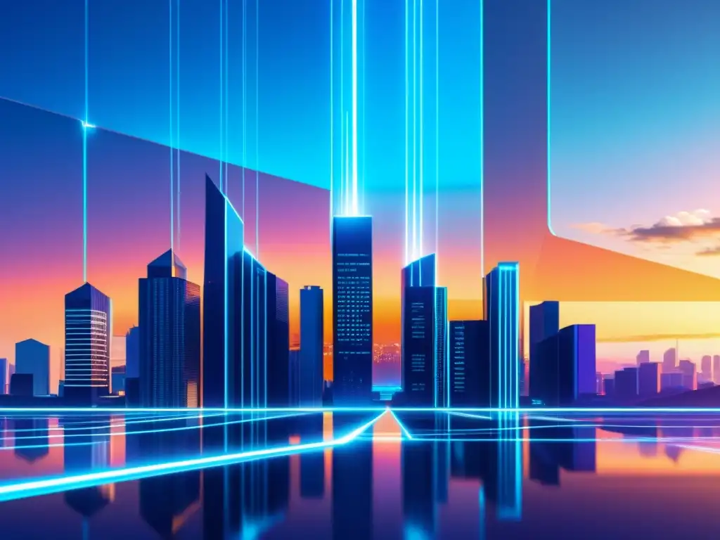 Ciudad Futurista: Votación Digital en la Era Blockchain Vista futurista de una ciudad con rascacielos de vidrio y acero, reflejando un atardecer digital