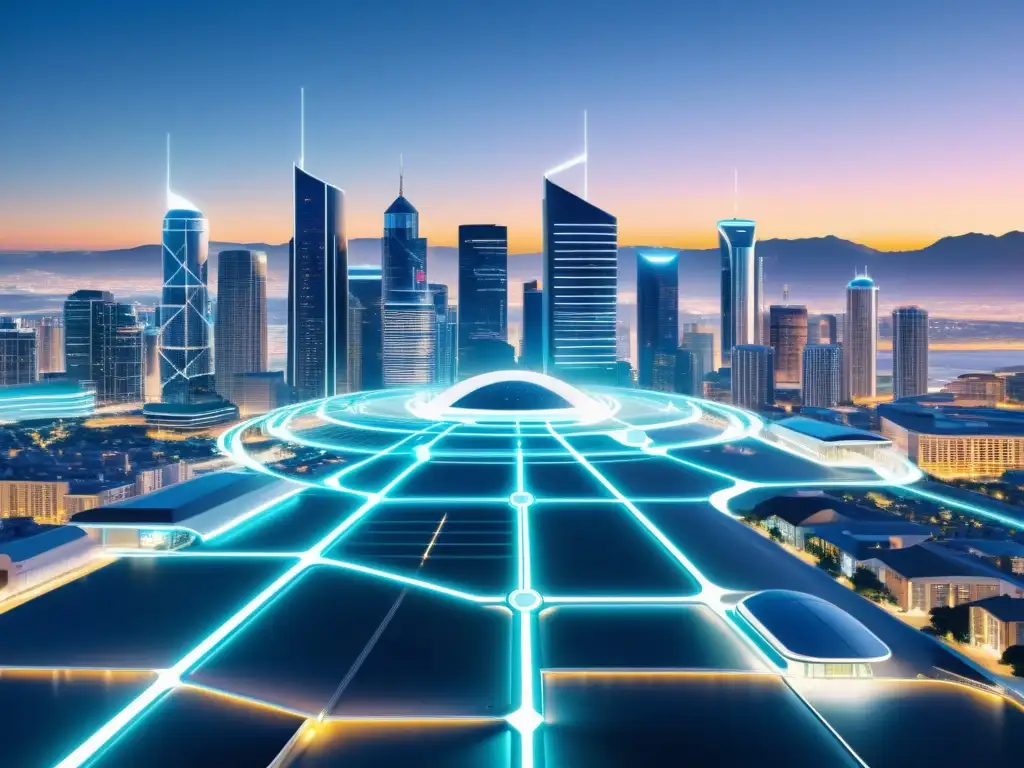 Vista futurista de una ciudad con redes autónomas 5G integradas en la infraestructura urbana, simbolizando el futuro de las telecomunicaciones