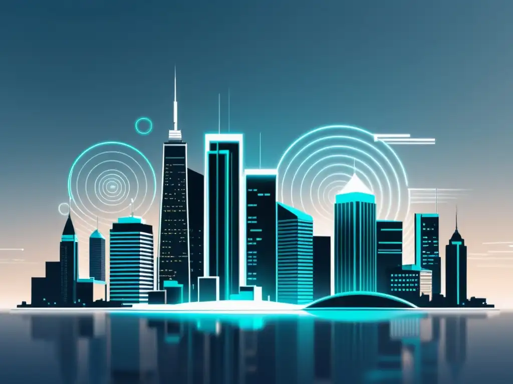 Vista futurista de ciudad con señales de Red 5G entre edificios, simbolizando transparencia y conectividad en normativas de Red 5G